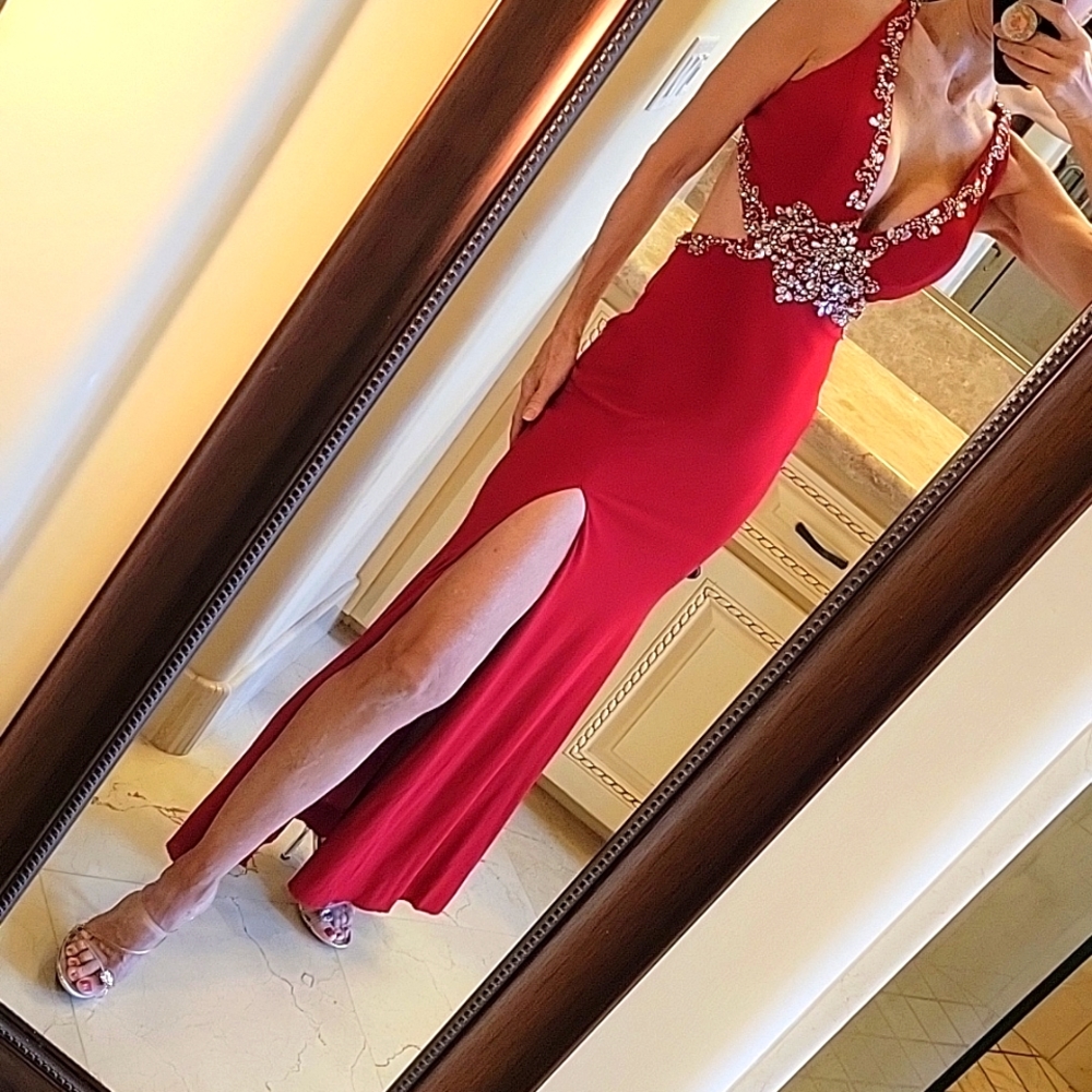 Mac Dugall Red Open-Back Embellished Side Cutout … - image 7